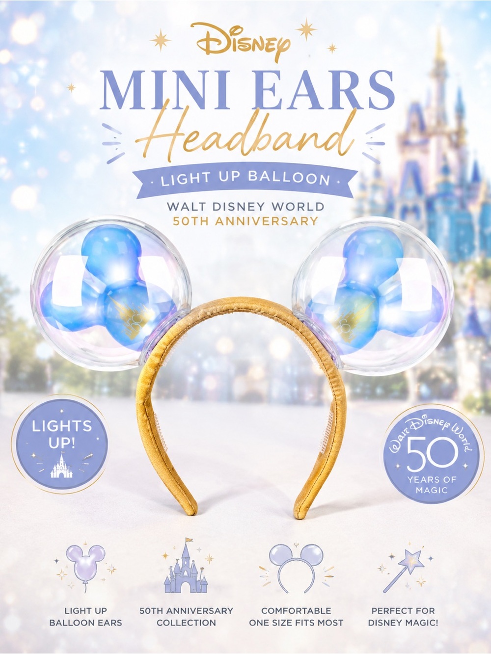Disney Mini Ears Headband - Light Up Balloon Walt Disney World 50th Anniversary